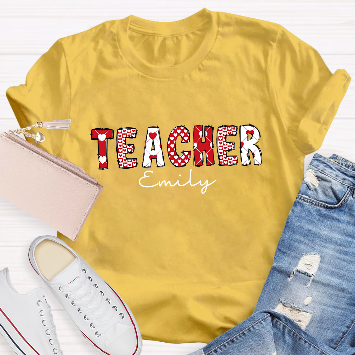 Personalized Name Pink Heart Printed Teacher T-Shirt