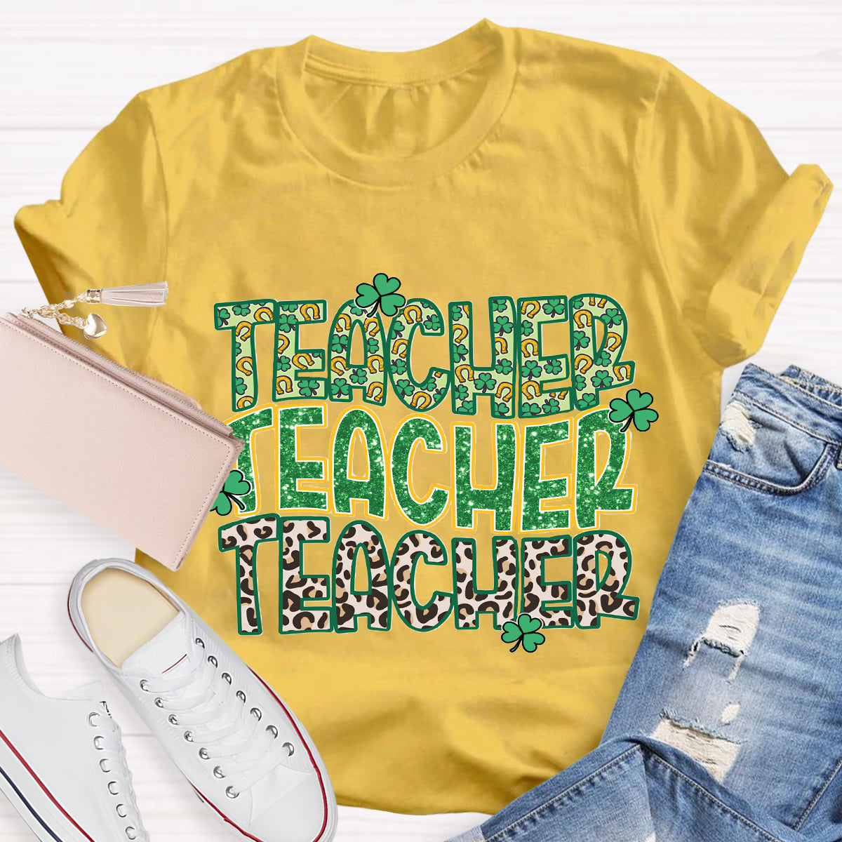 Green Clover Leopard Print Design Teacher T-Shirt