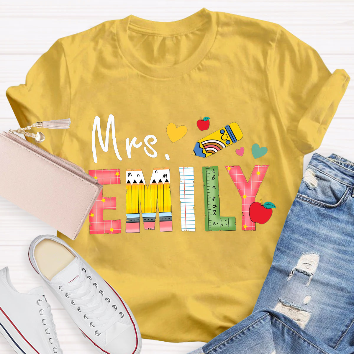 Personalized Name Apple Pencil Teacher Emily T-Shirt