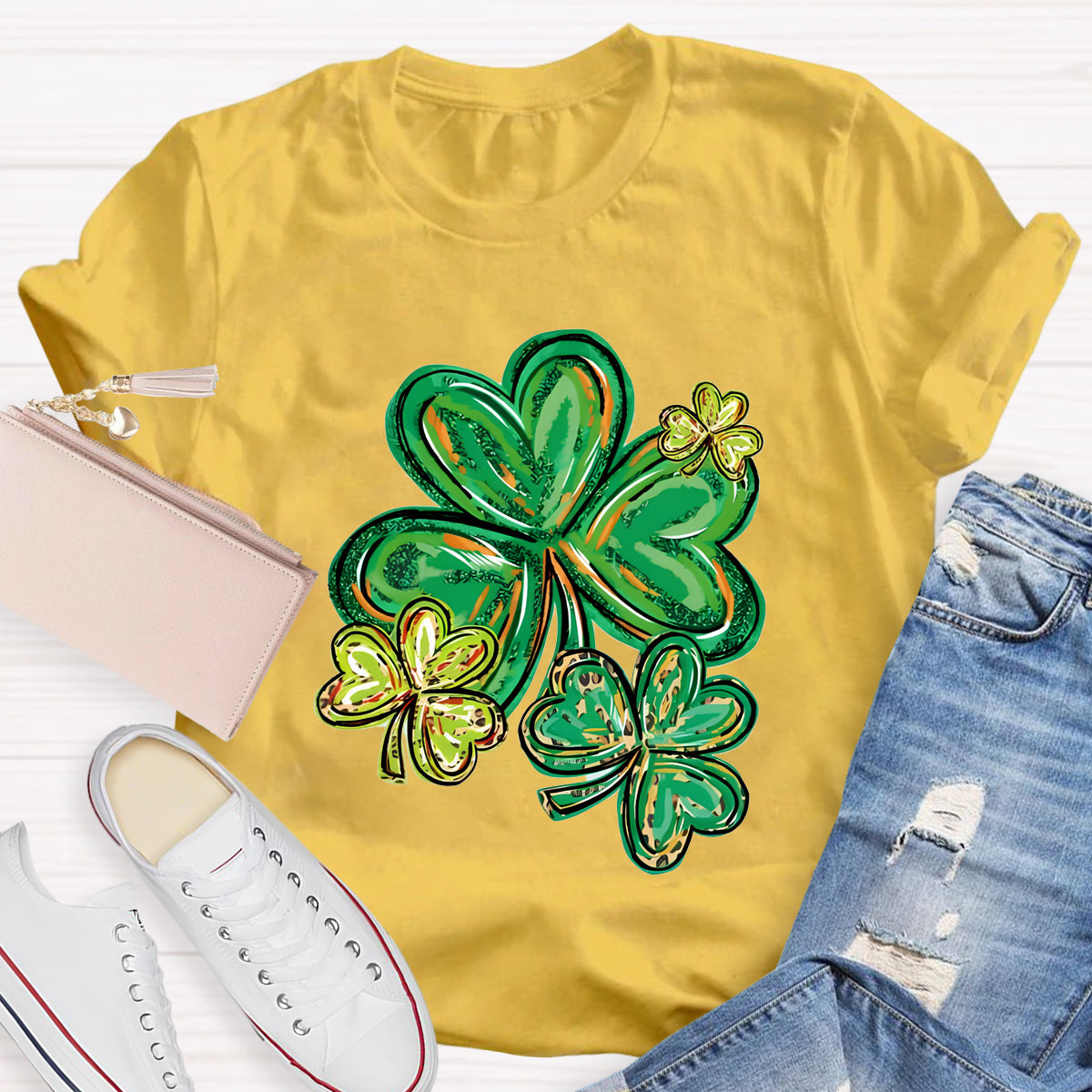 St Patrick's Day Clover Print Teacher T-Shirt