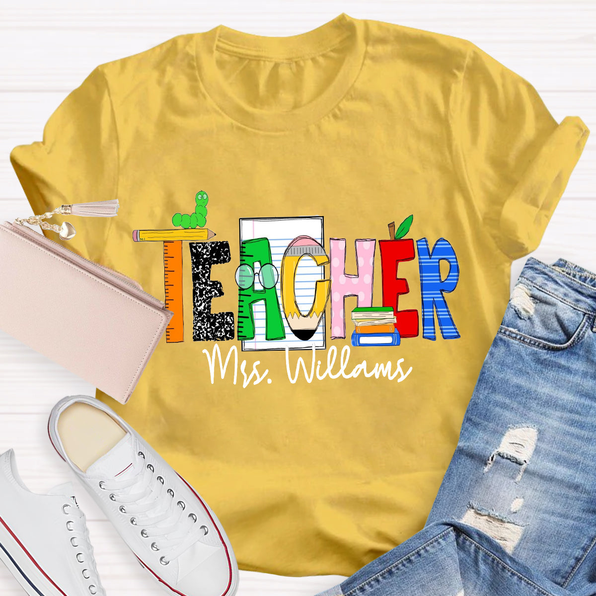 Personalized Teacher Name Caterpillar Exploring Knowledge Teacher T-Shirt