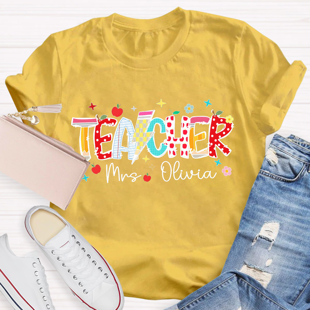 Personalized Name Star And Flower Teacher T-Shirt