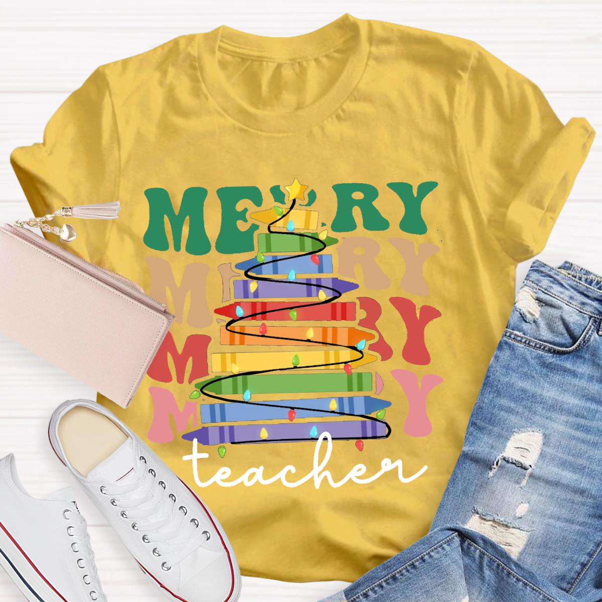 Crayon Christmas Tree Teacher T-Shirt