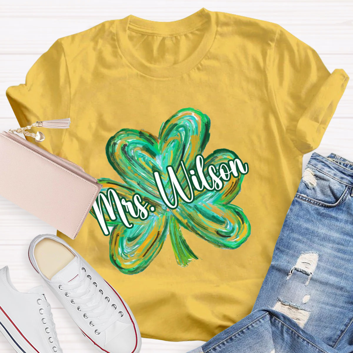 Personalized Name Colorful Shamrock Teacher T-Shirt