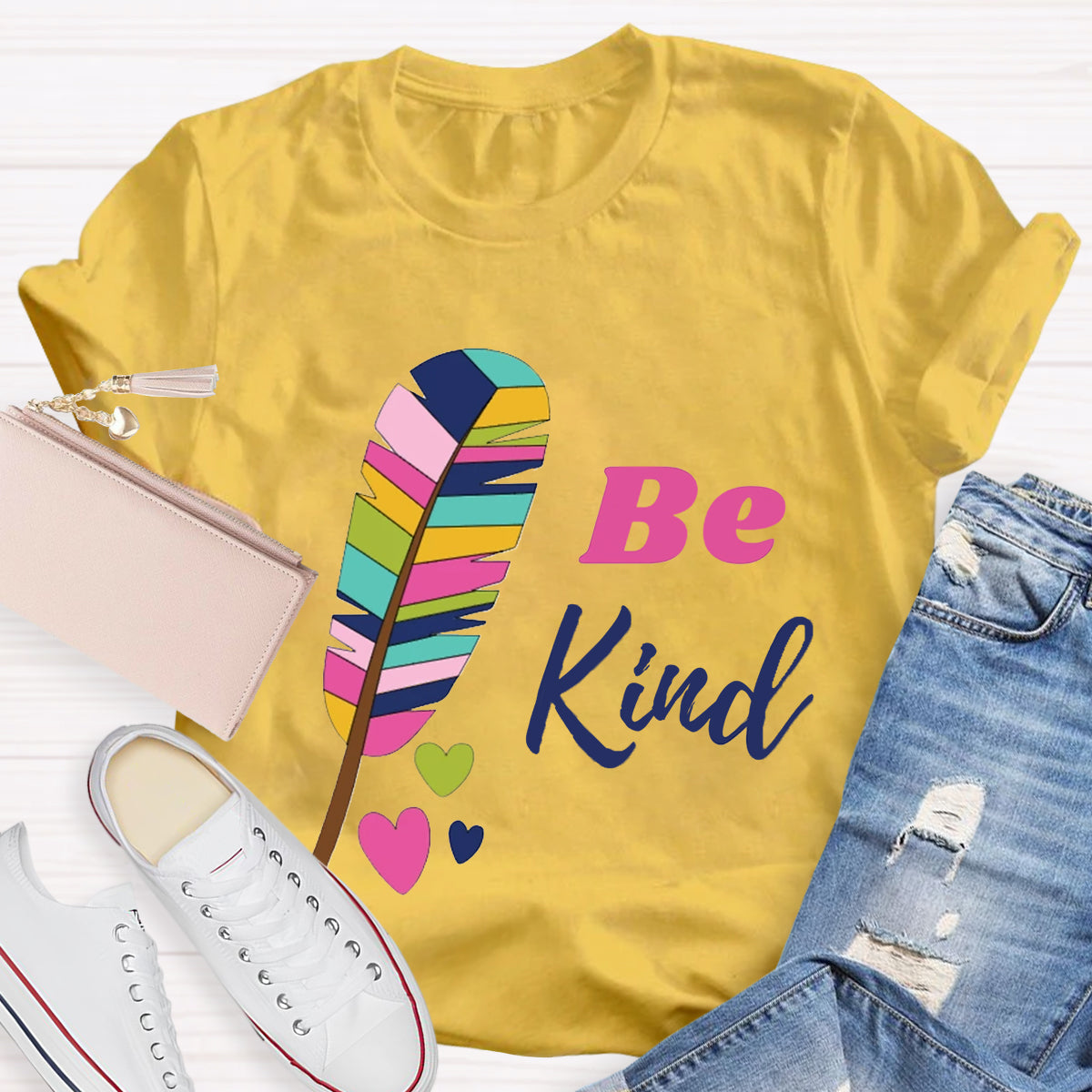 Be Kind Colorful Feather Design T-Shirt