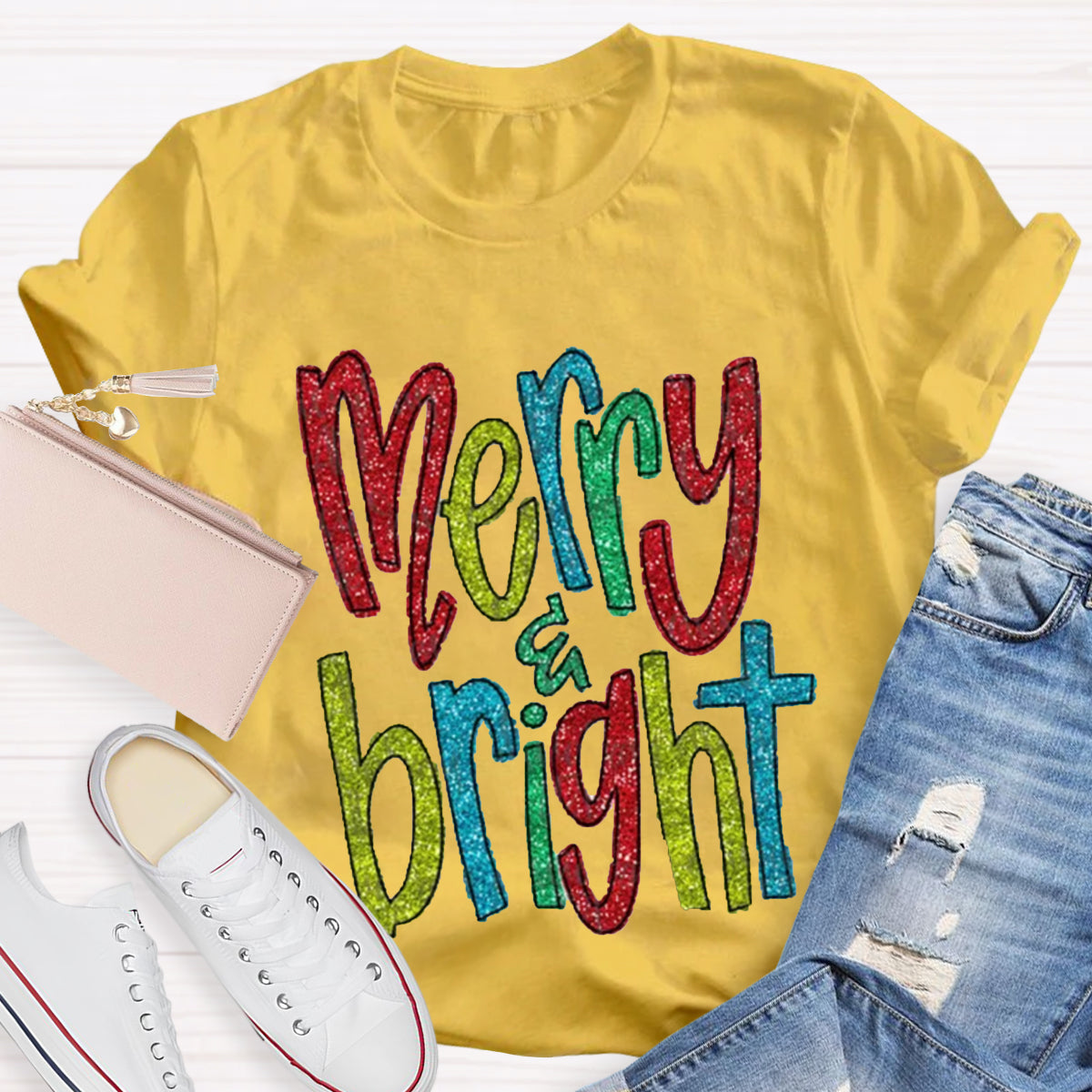 Glitter Merry And Bright Teacher T-Shirt