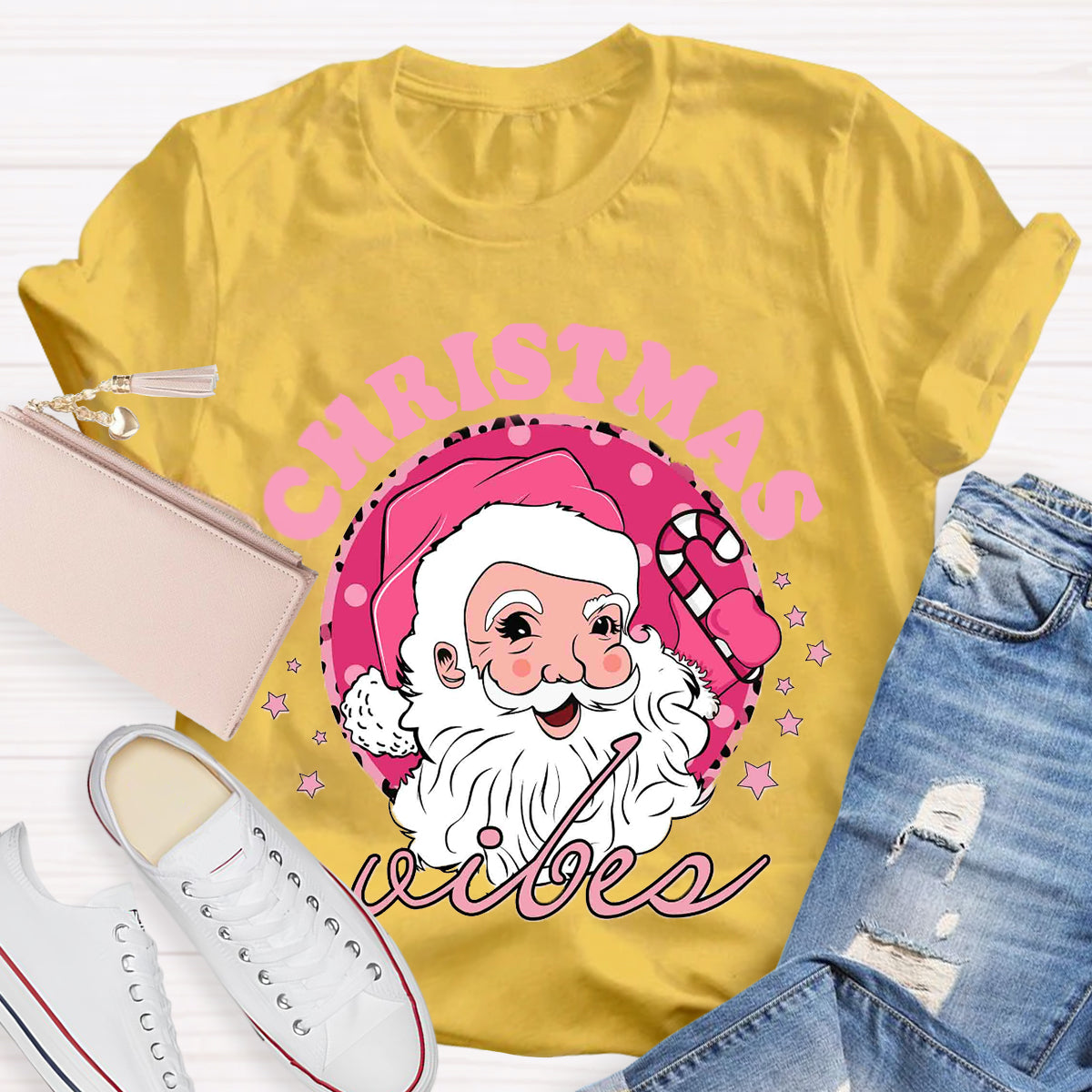 Christmas Vibes Pink Santa Claus T-Shirt