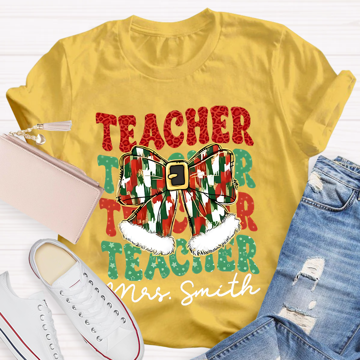 Personalized Name Bow Christmas Teacher T-Shirt