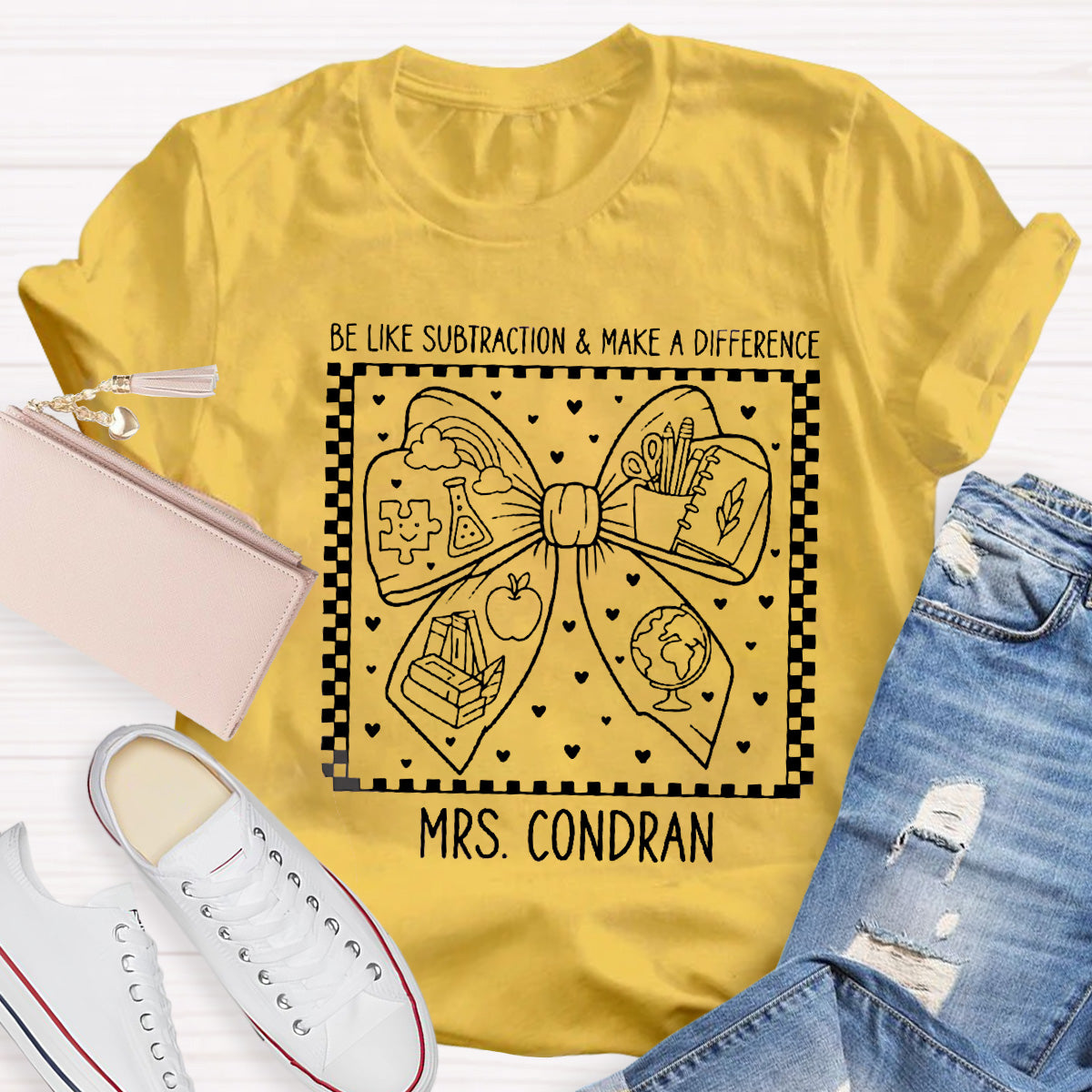 Personalized Name Be Like Subtraction Make A Difference Bow Teacher T-Shirt