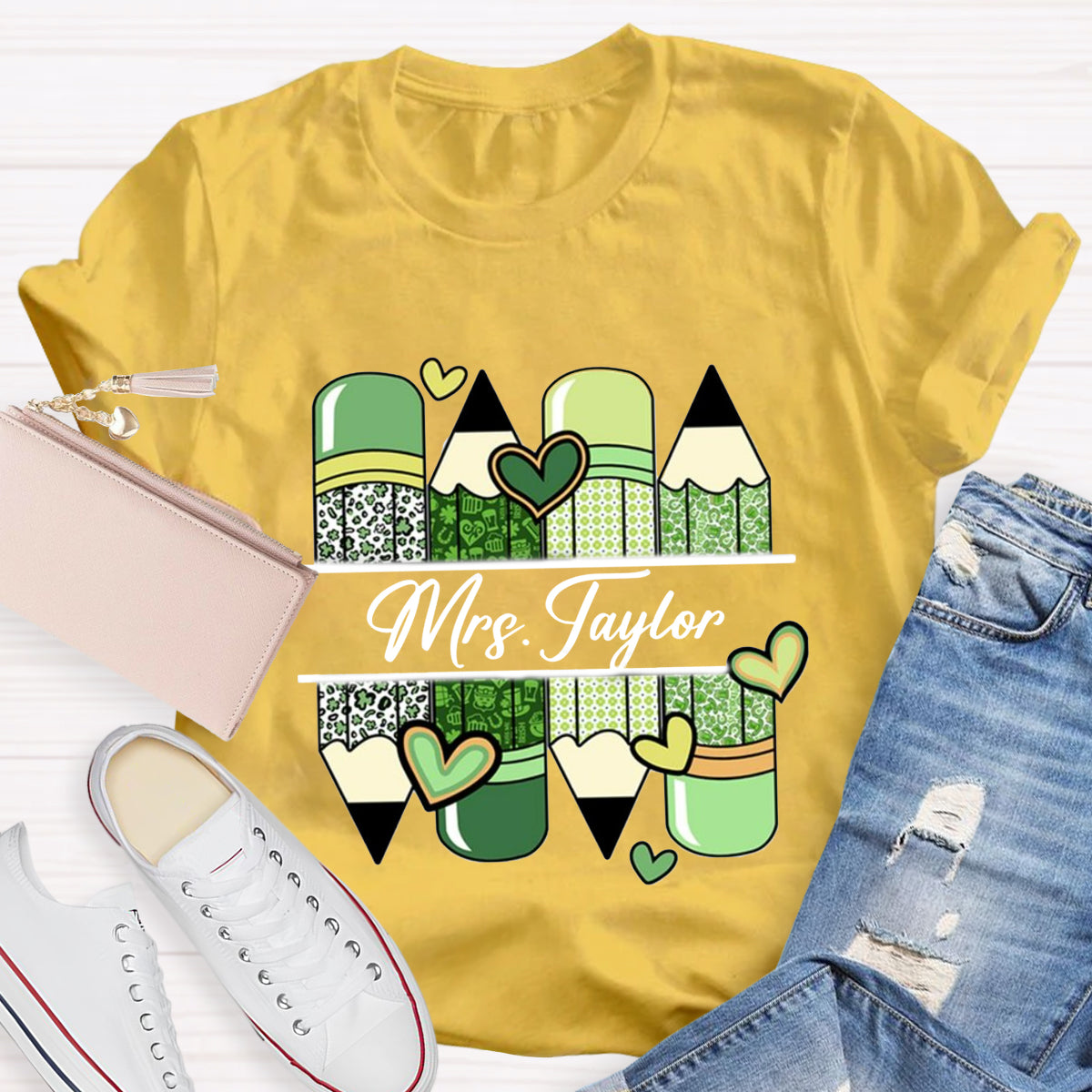 Personalized Name Green Heart Pencil Teacher T-Shirt