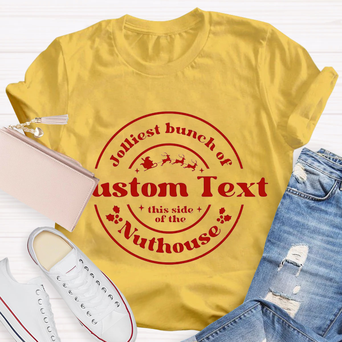 Personalized Text Jolliest Bunch of Custom Text This Side of the Nuthouse Christmas Graphic T-shirts