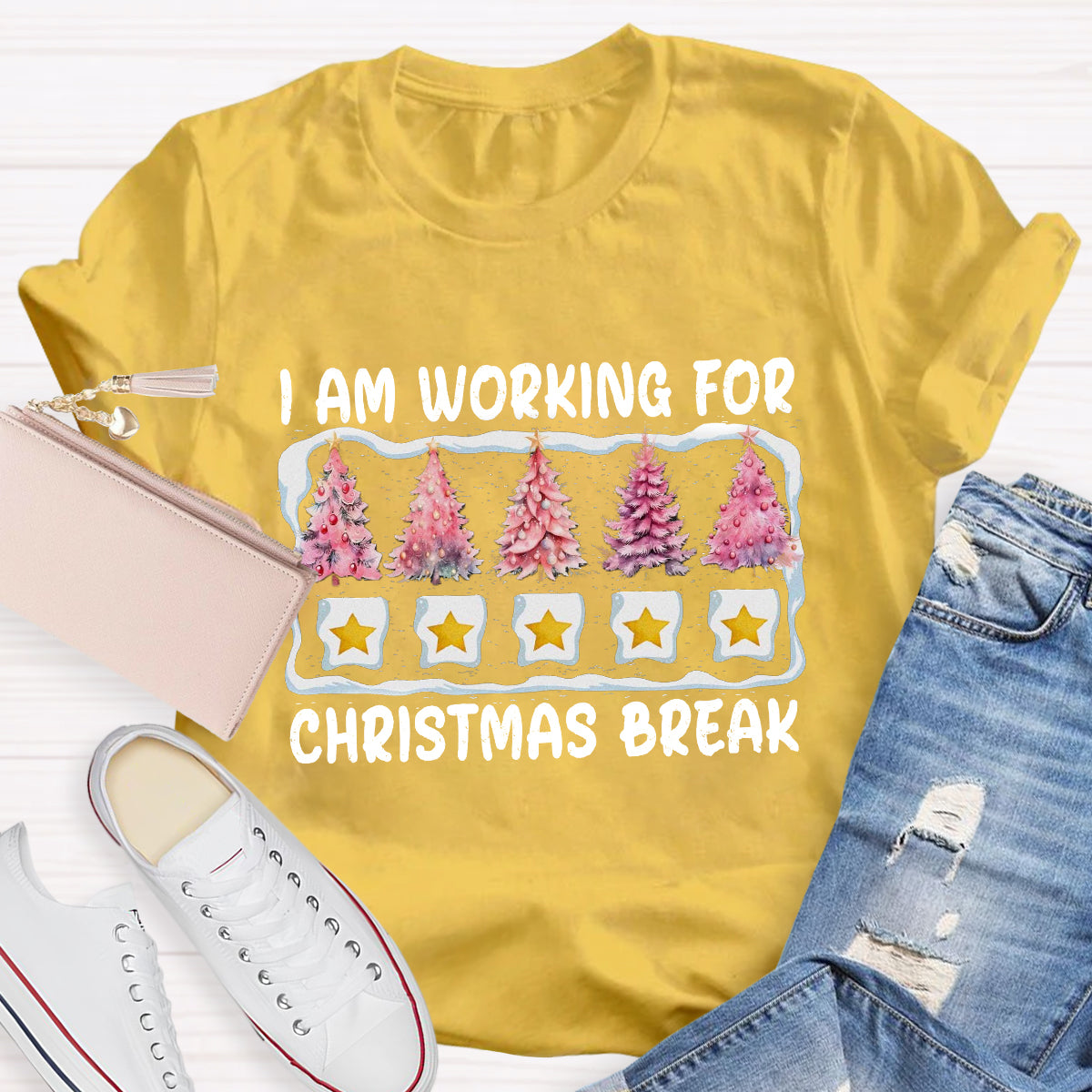 I'm Working For Christmas Break Pink Tree T-Shirt