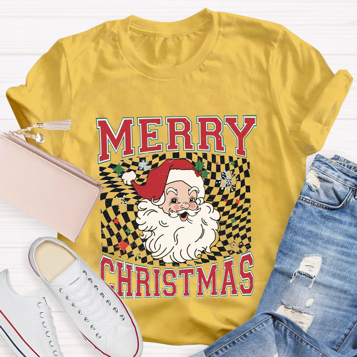 Merry Christmas Plaid Print Santa T-Shirt