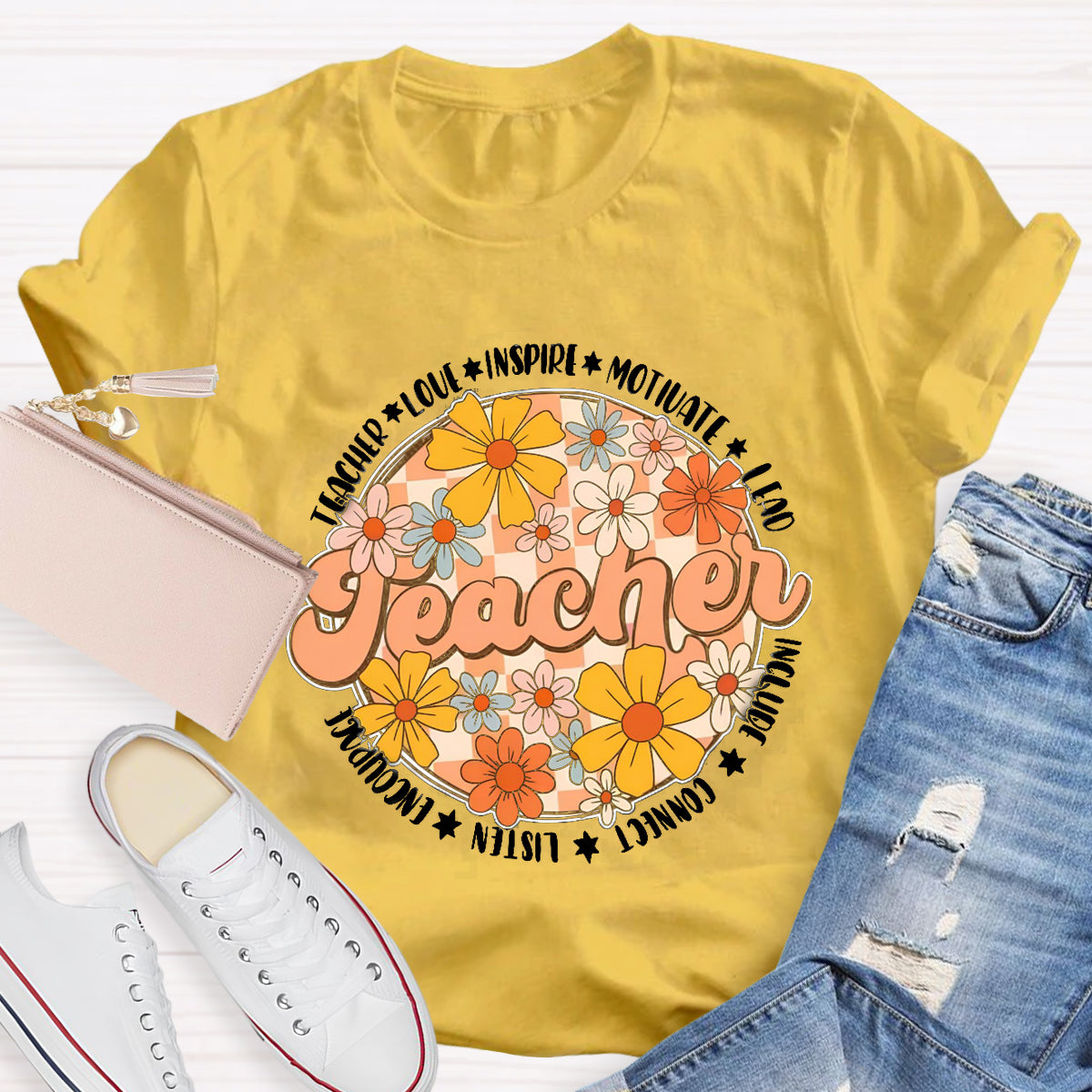 Love Motivate Inspire Floral Teacher T-Shirt