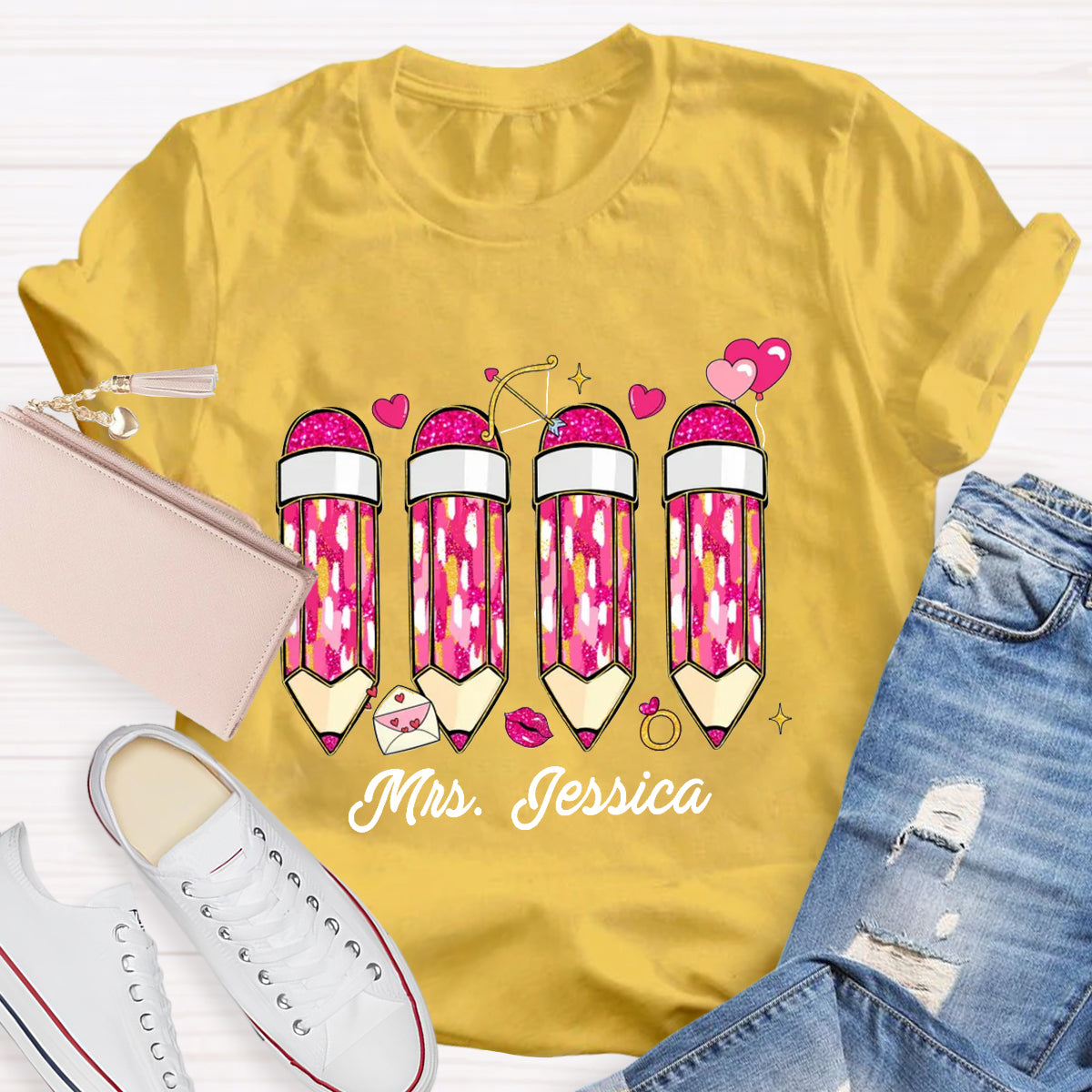 Personalized Name Pink Pencil Teacher T-Shirt