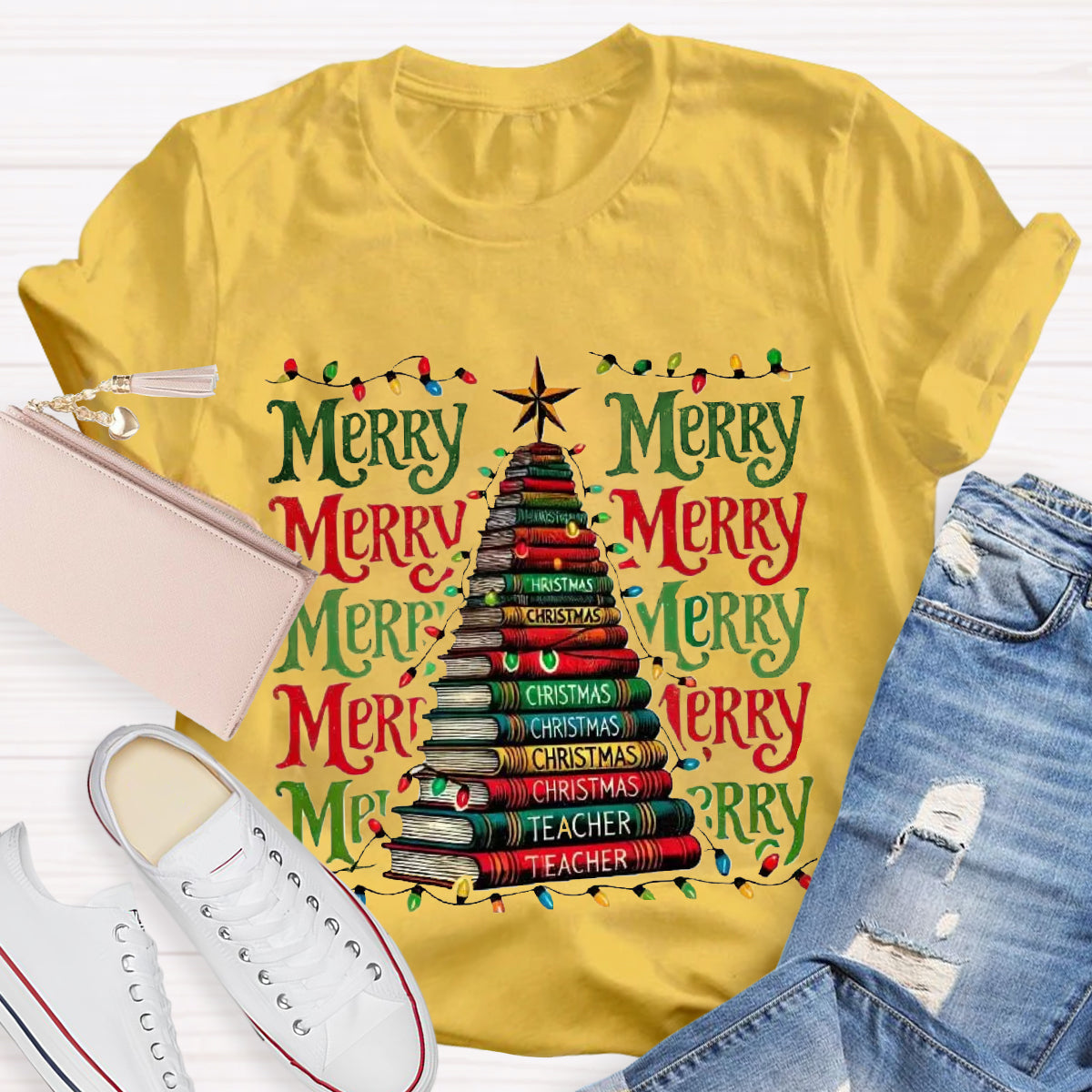 Merry Christmas Book Tree Teacher T-Shirt