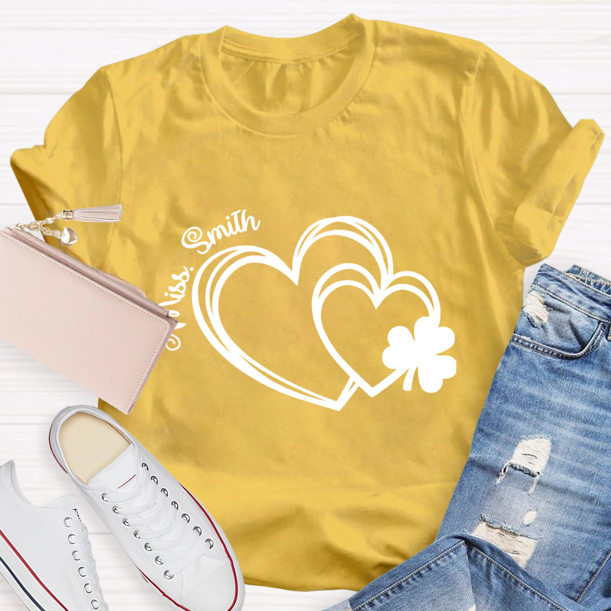 Personalized Name Heart Shamrock Teacher T-Shirt