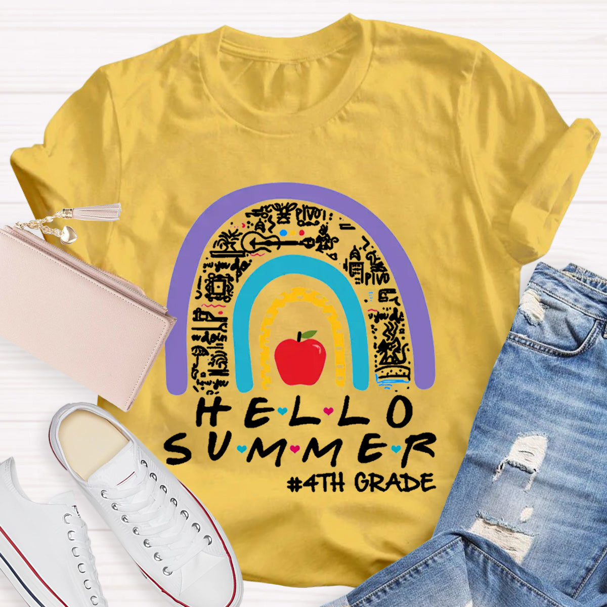 Personalized Grade Hello Summer Apple Rainbow Teacher T-Shirt