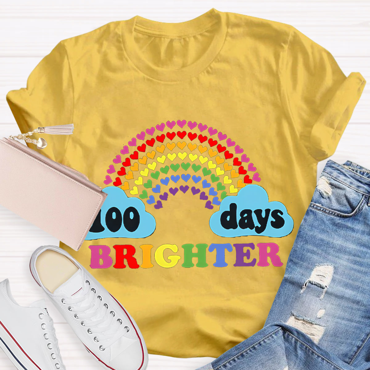 100 Days Brighter Heart Rainbow Teacher T-Shirt