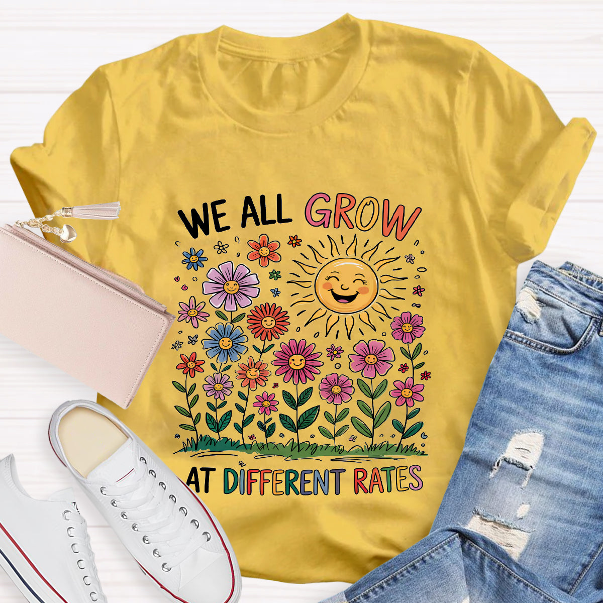 We All Grow At Different Rates Floral Teacher T-Shirt