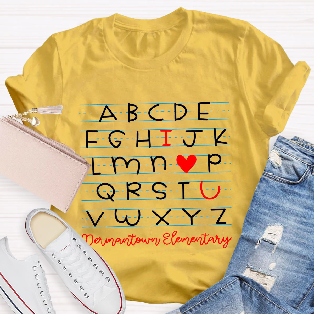 Personalized School Name I Love You Alphabet Teacher T-Shirt