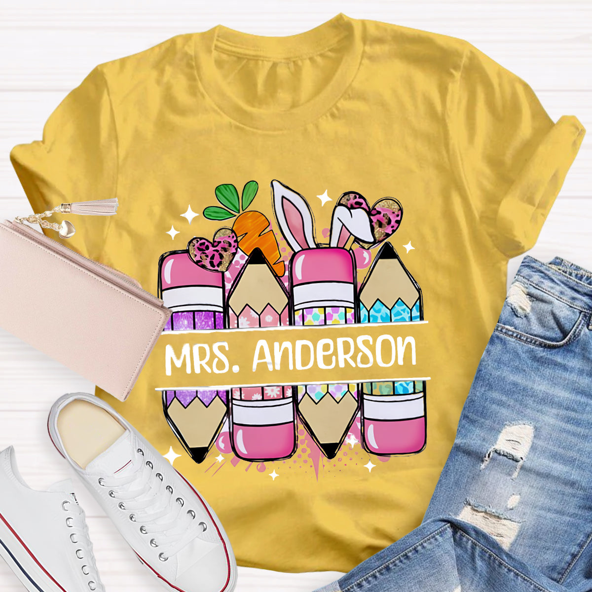 Personalized Name Cute Easter Pencils Teacher T-Shirt