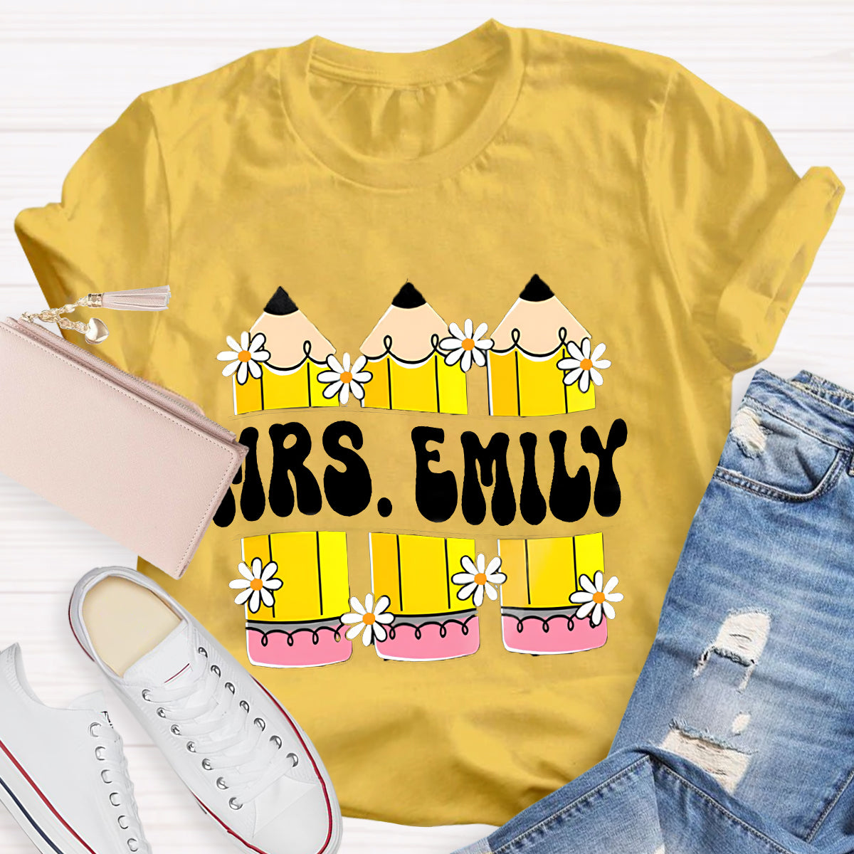 Personalized Your name Retro Teacher Pencil T-Shirt