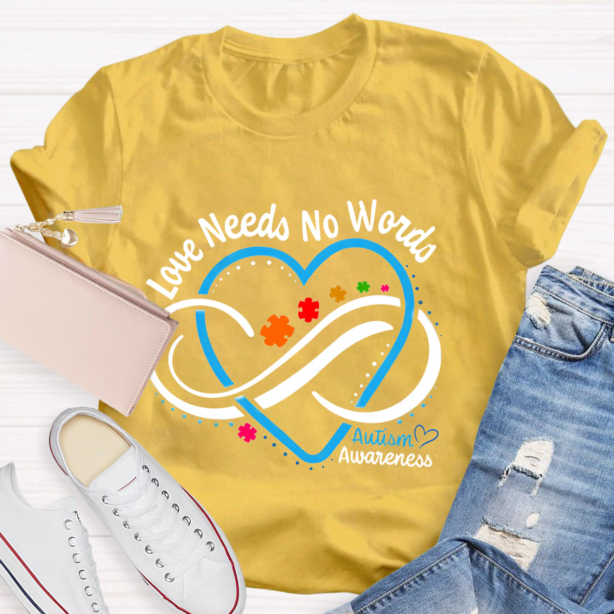 Love Needs No Words Autism Awareness Blue Heart Teacher T-Shirt