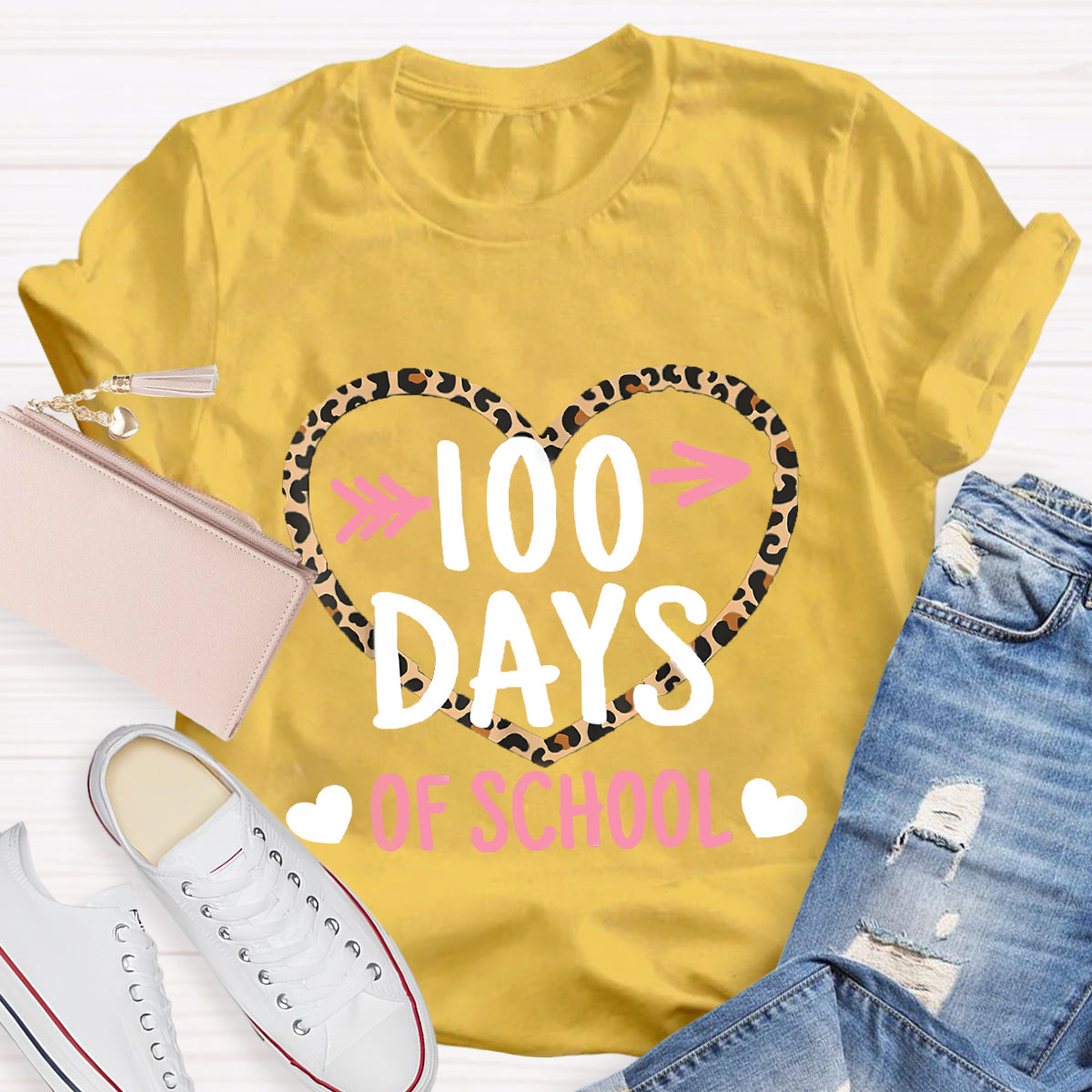 100 Days Of School Leopard Heart T-Shirt