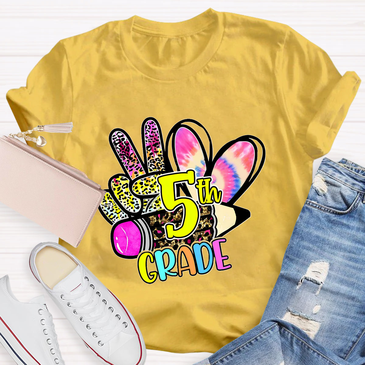 Personalized Grade Colorful  Leopard Heart  5th Grade Teacher T-Shirt