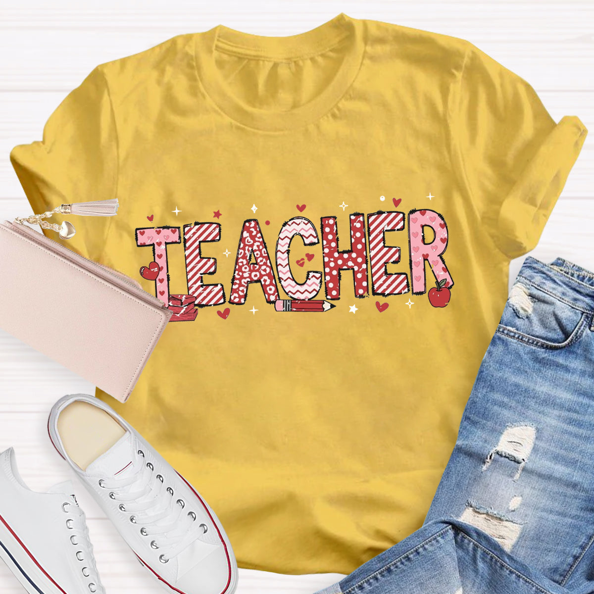 Valentine's Day Pink Heart Pencil Teacher T-Shirt