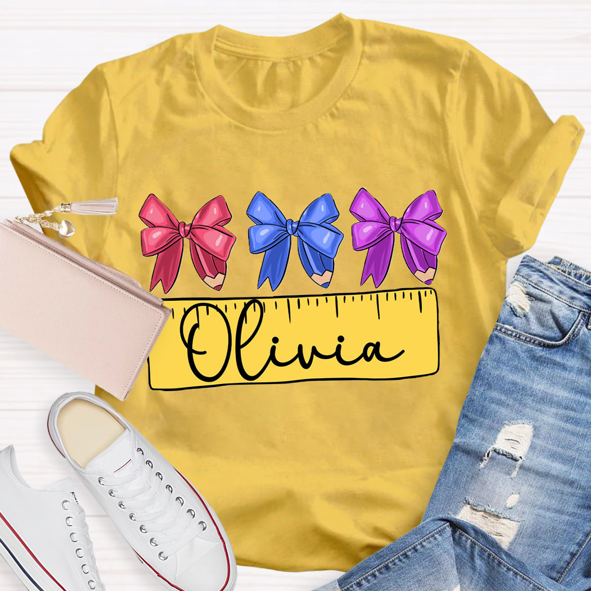 Personalized Name Bow Ruler Print Teacher T-Shirt