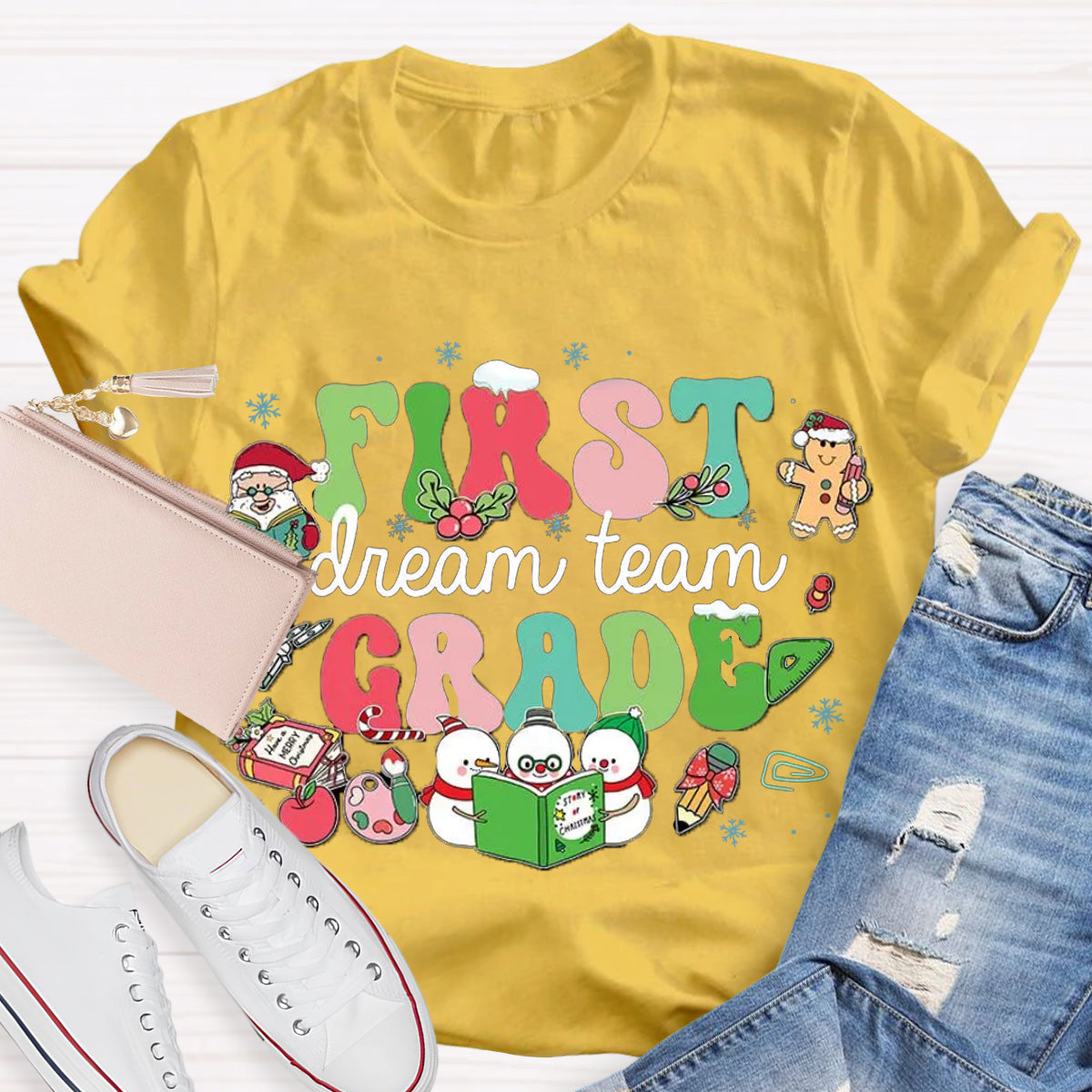 Personalized Grade Dream Team Christmas Snowman Reading A Book T-Shirt