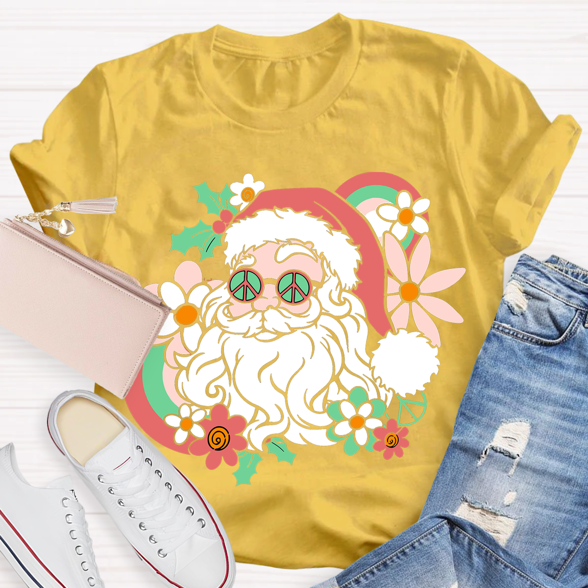 Hippie Santa Groovy Peace Christmas Teacher T-Shirt