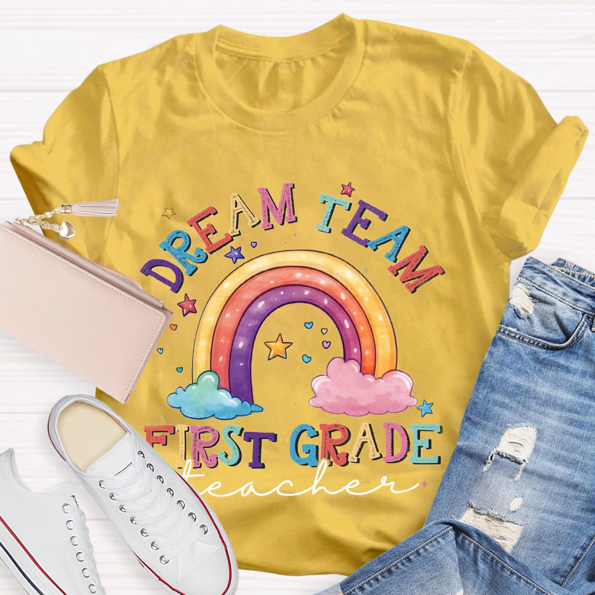 Personalized Grade Dream Team Teacher Rainbow T-Shirt