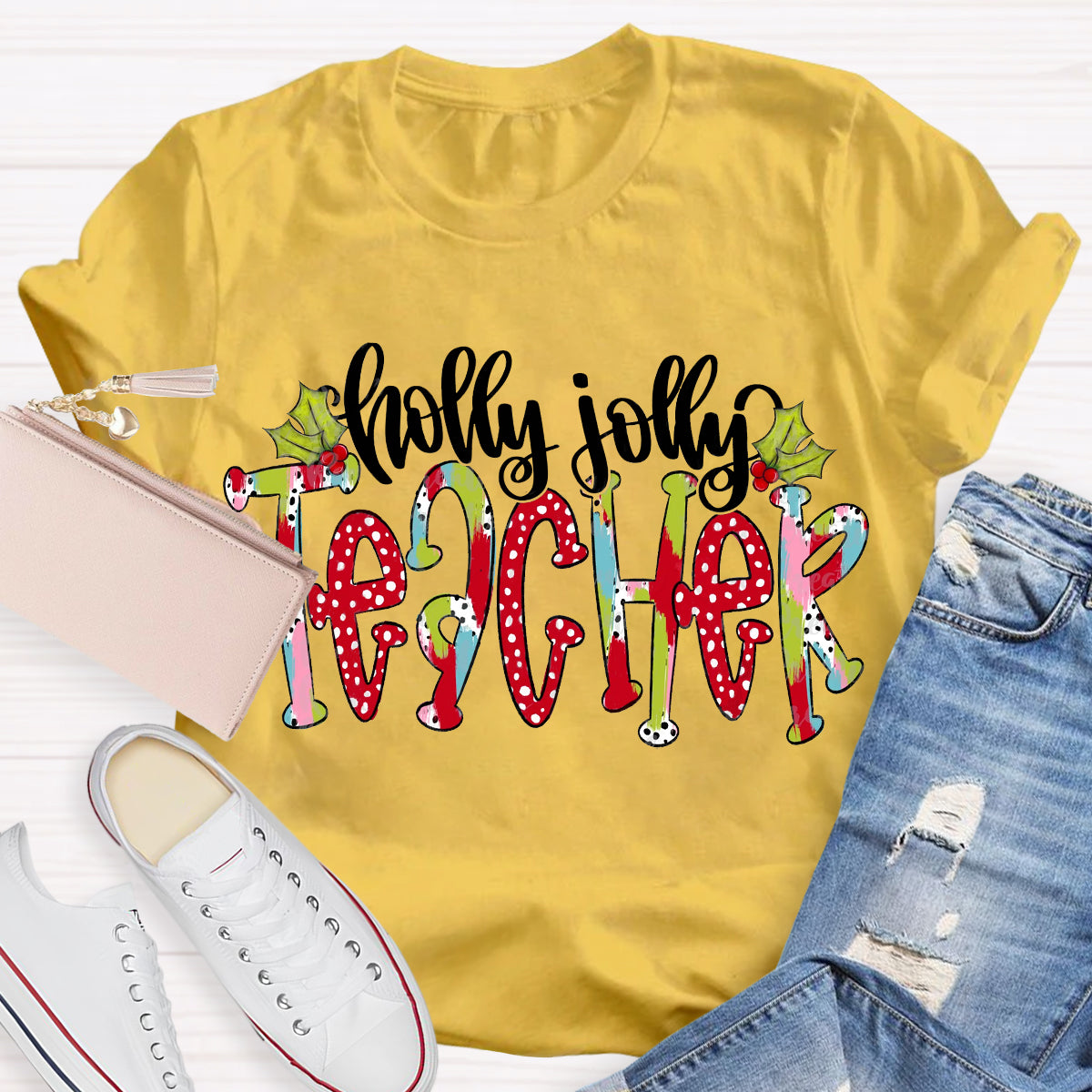 Holly Jolly Teacher Christmas Brushstrokes Dalmatian Dots Hand Lettered Teacher T-Shirt