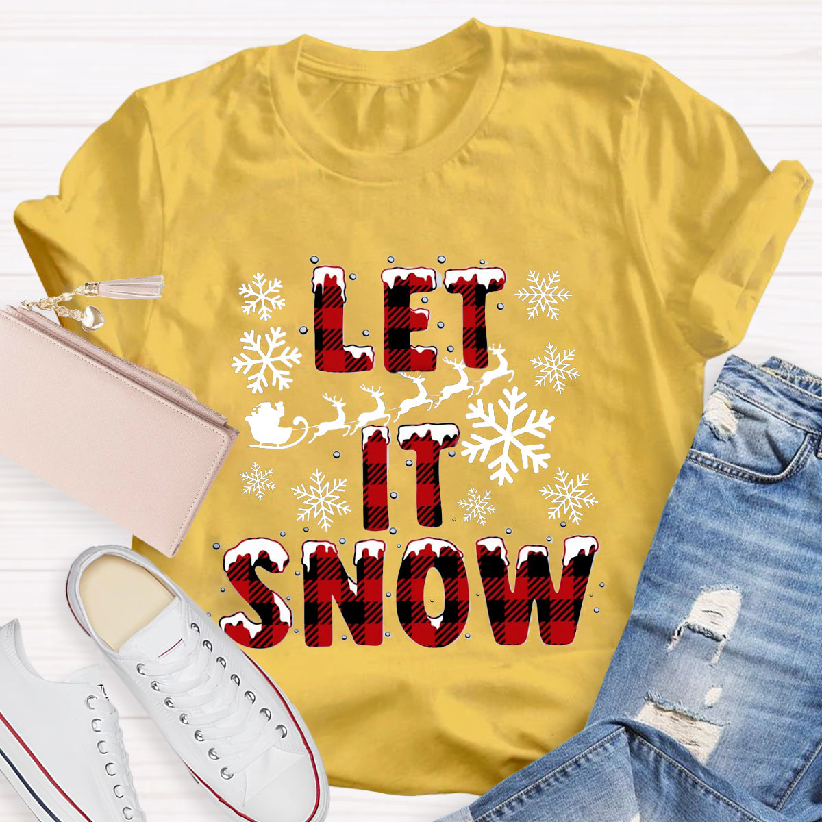 Let It Snow Red Plaid Teacher T-Shirt