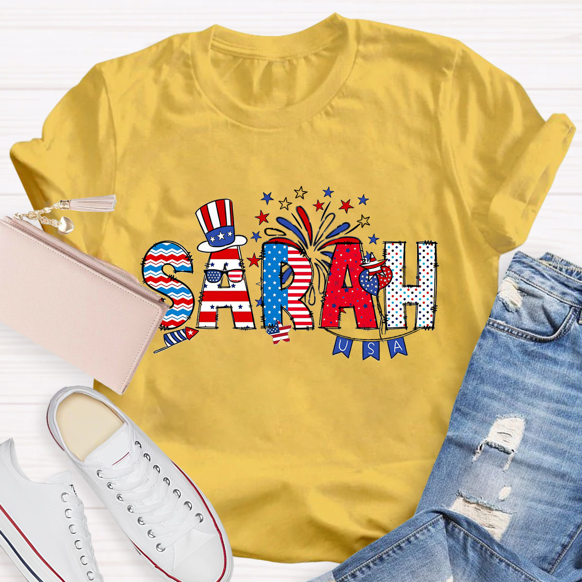 Personalized Independence Day Name Teacher T-Shirt
