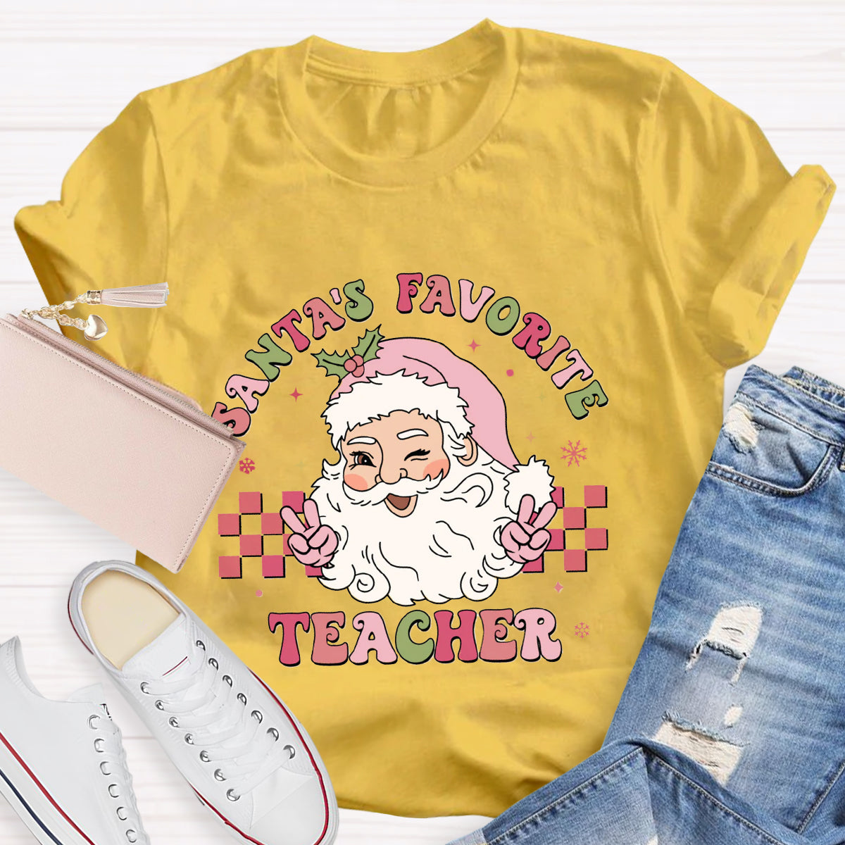 Santa's Favorite Teacher Pink Santa Claus T-Shirt