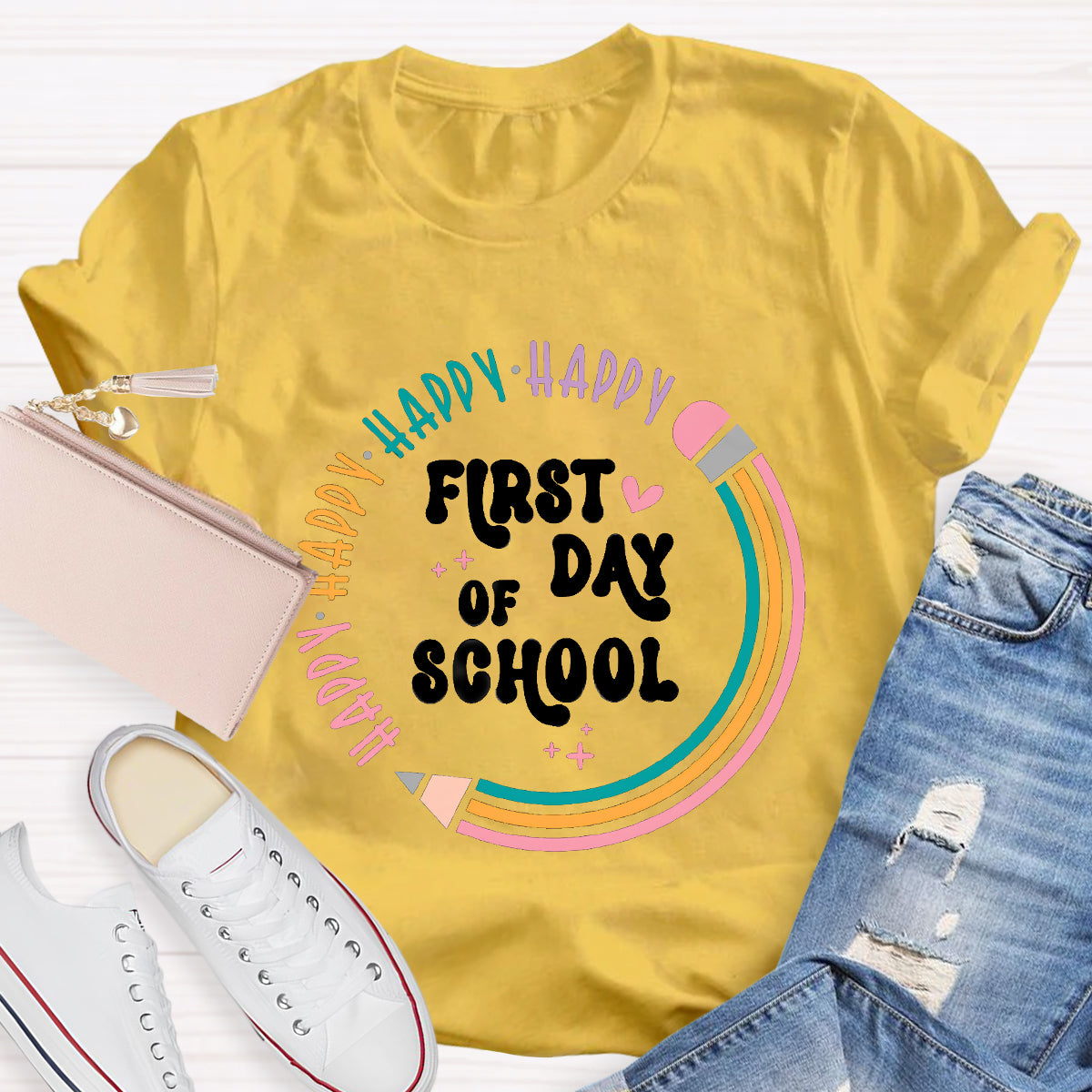 Happy First Day Of School Pencil Circle Teacher T-Shirt