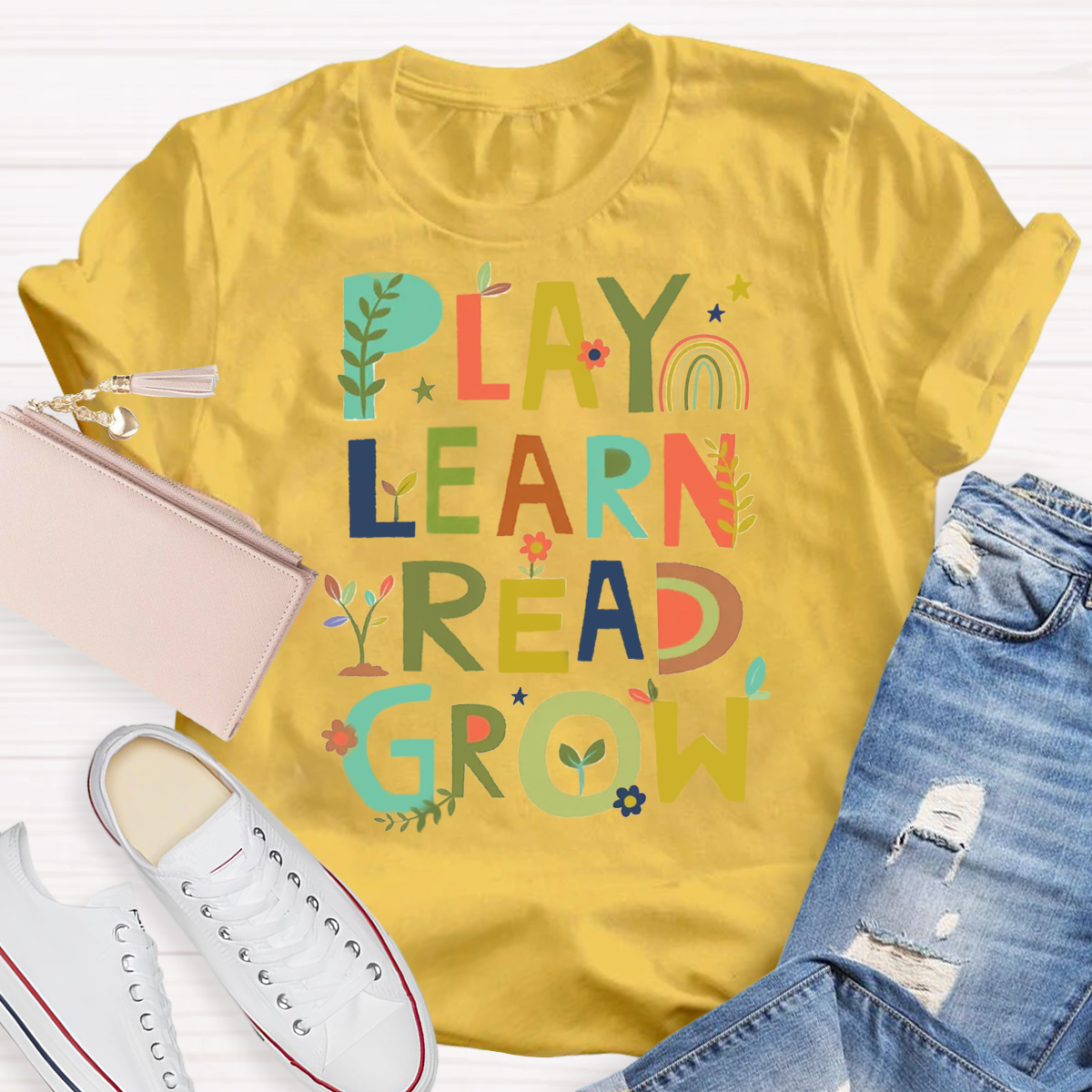 Play Learn Read Grow  Teacher T-Shirt