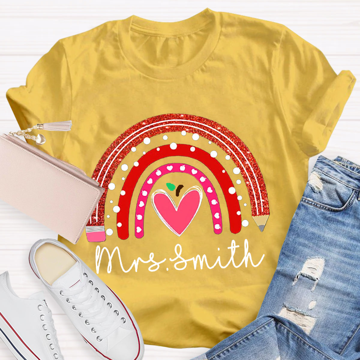 Personalized Name Rainbow Pencil Heart-Shaped Apple Teacher T-Shirt