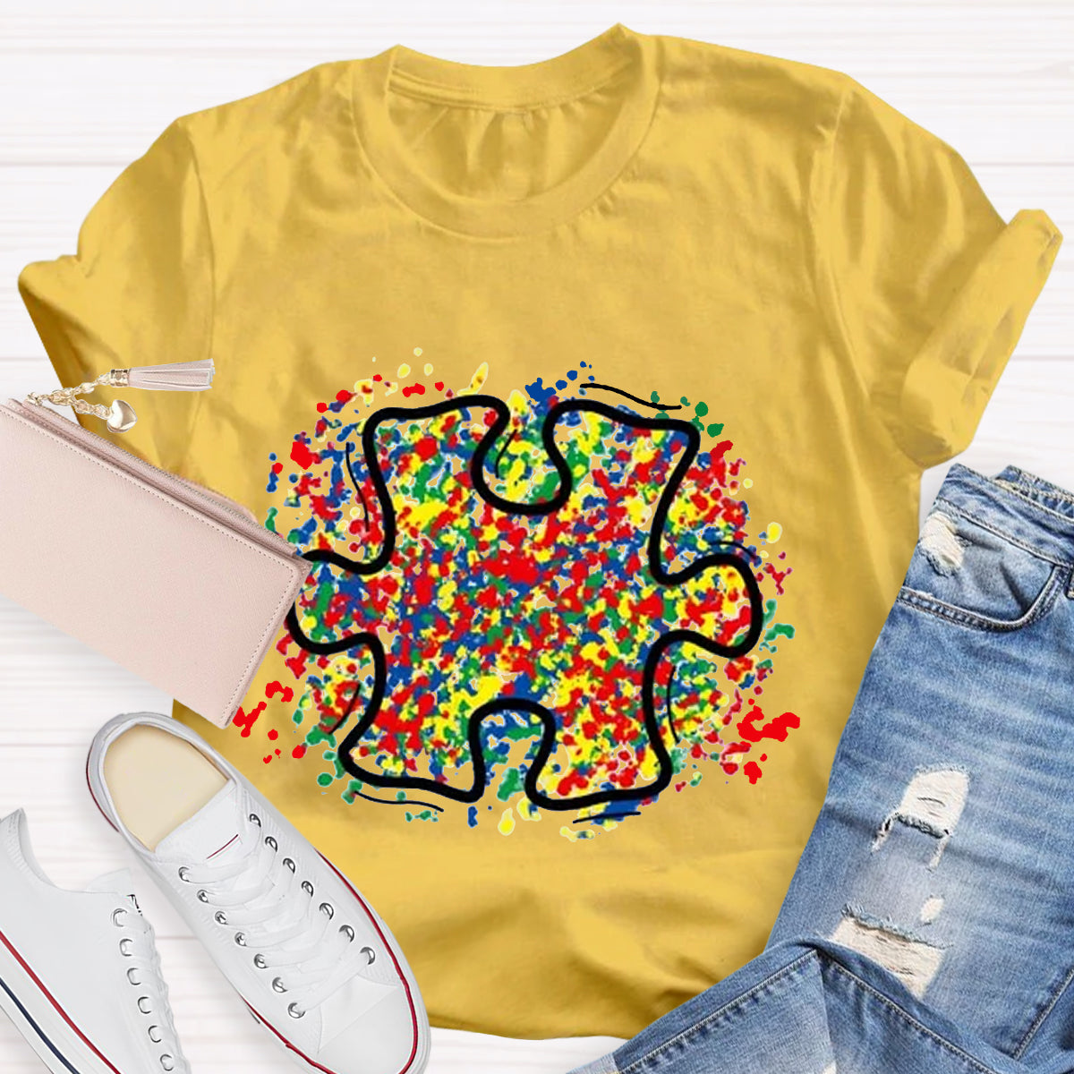 Colorful Autism Puzzle Piece Teacher T-Shirt