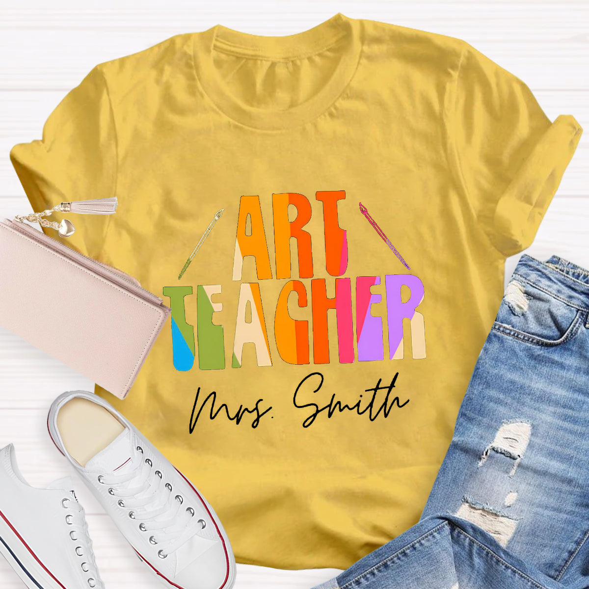 Personalized Name And Art Simple Color Teacher T-Shirt