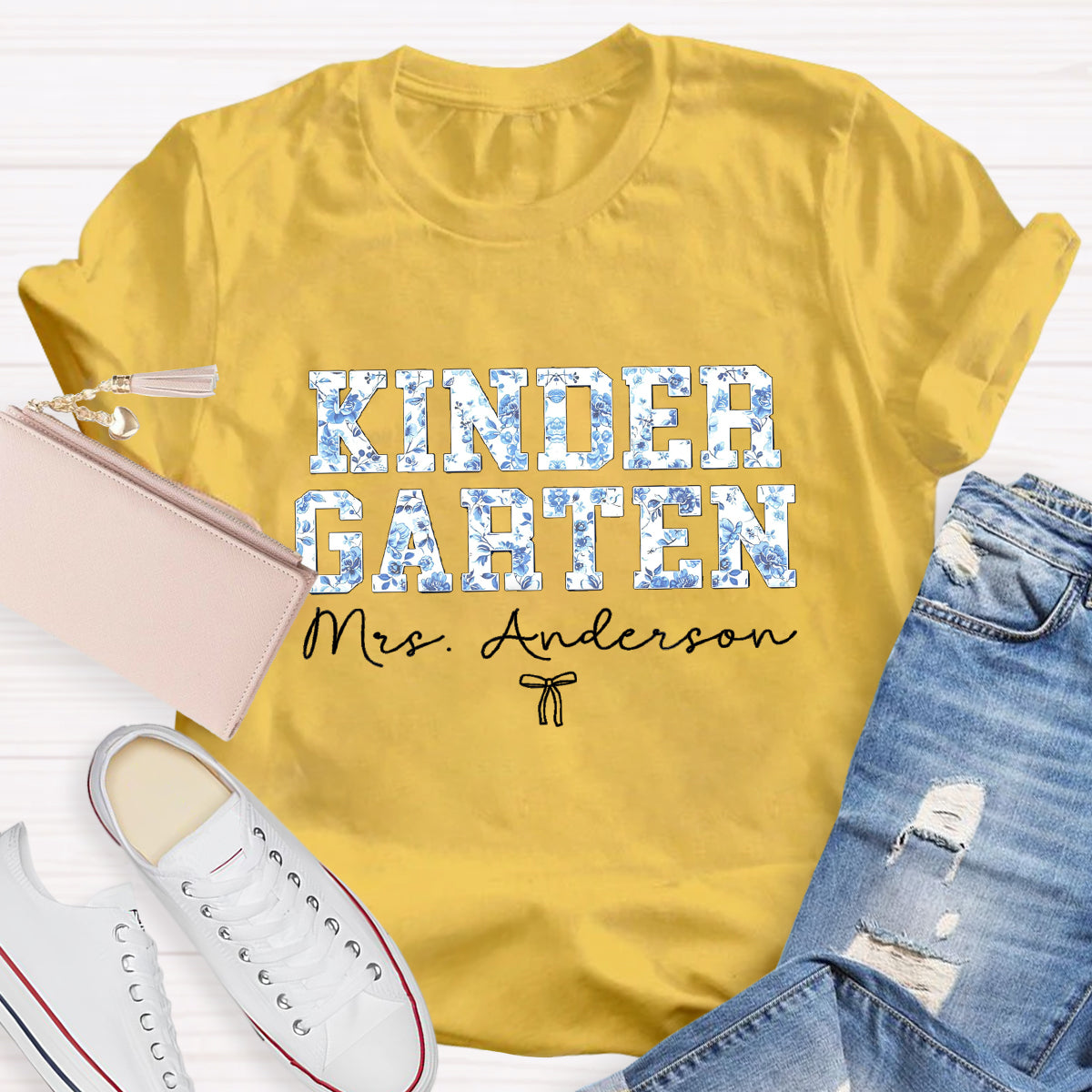 Personalized Kindergarten Teacher Name Blue Flower T-Shirt