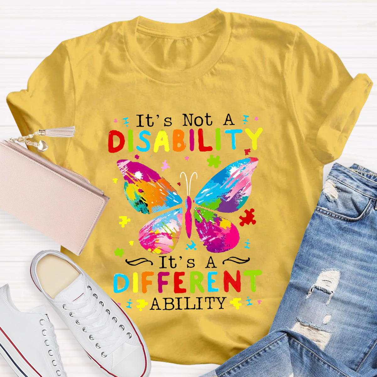 It's Not A Disability It's A Different Ability Puzzle Butterfly Teacher T-Shirt