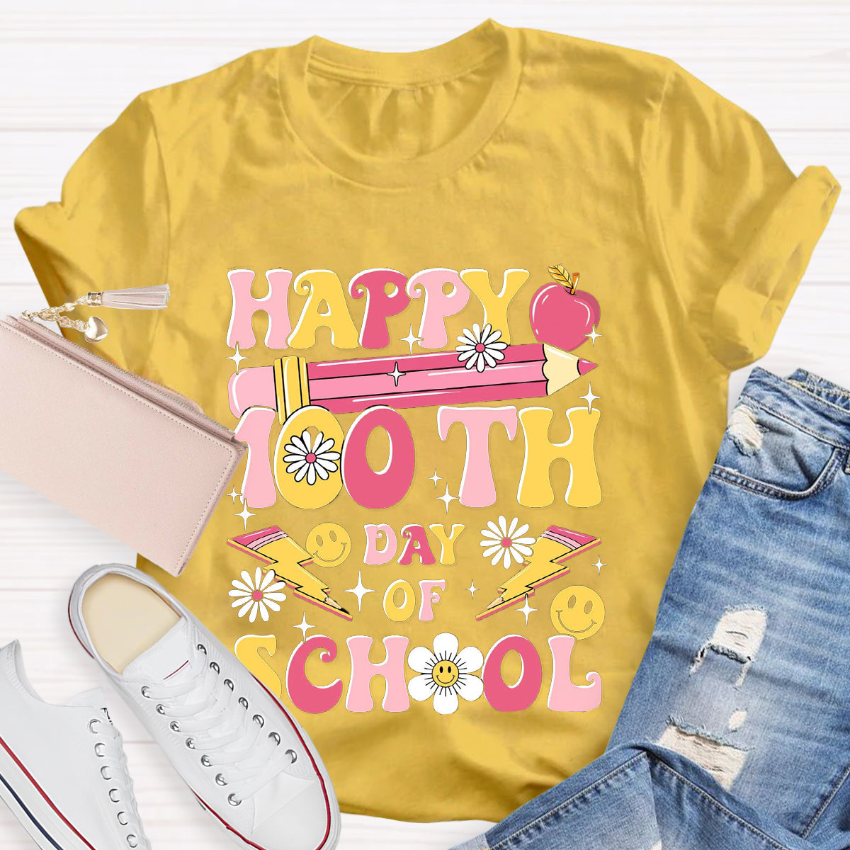 Happy 100 Days Of School Pink Pencil Teacher T-Shirt