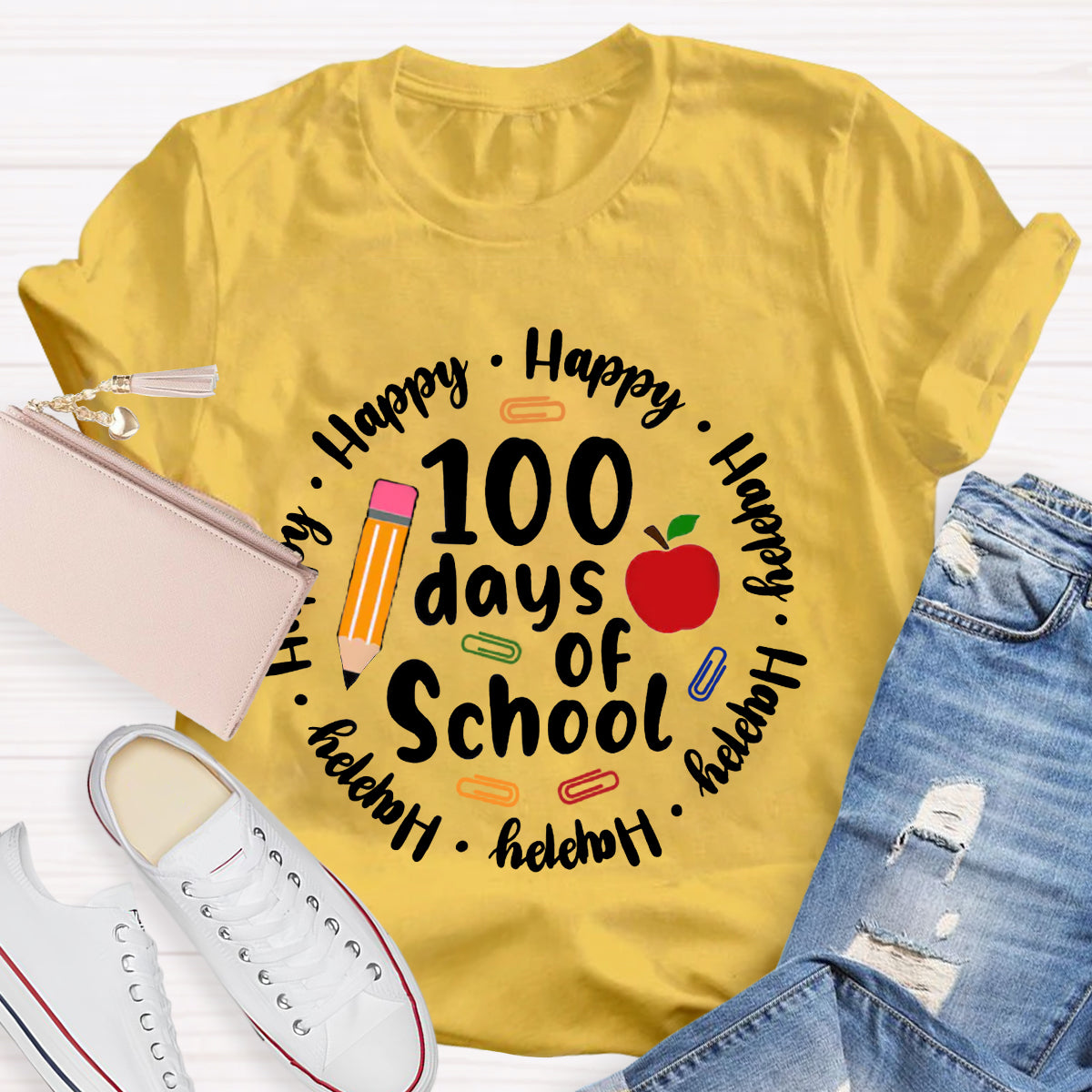 Happy 100 Days Of School Apple Pencil Teacher T-Shirt