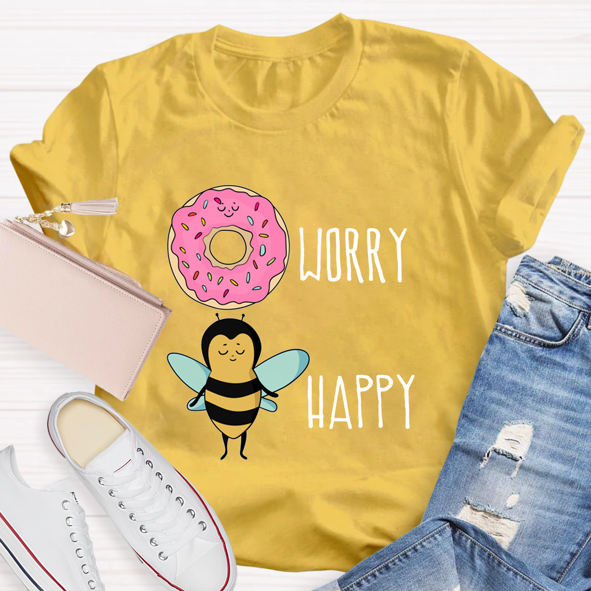 Donut Worry Bee Happy Funny T-Shirt