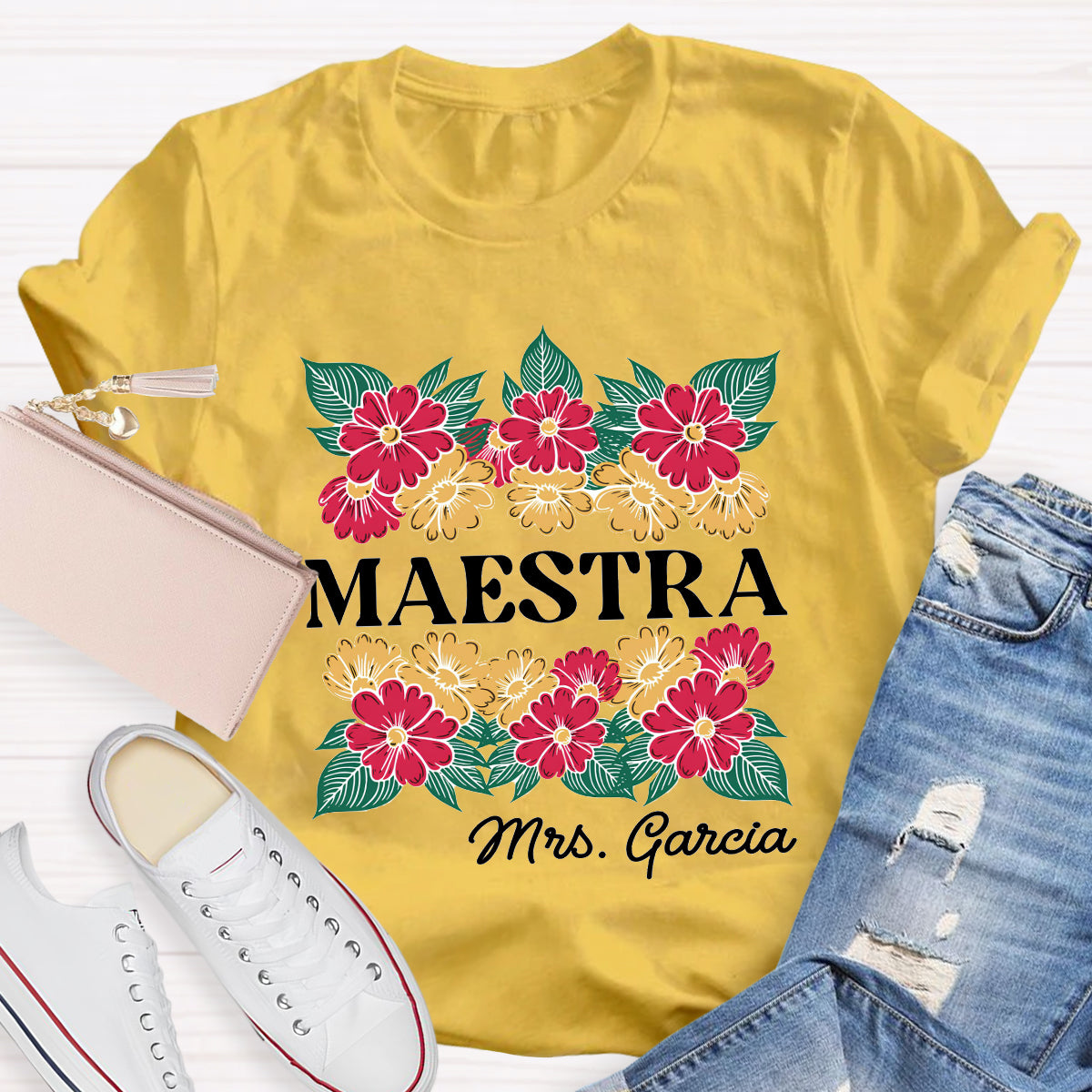 Personalized Name Floral Spanish Teacher T-Shirt